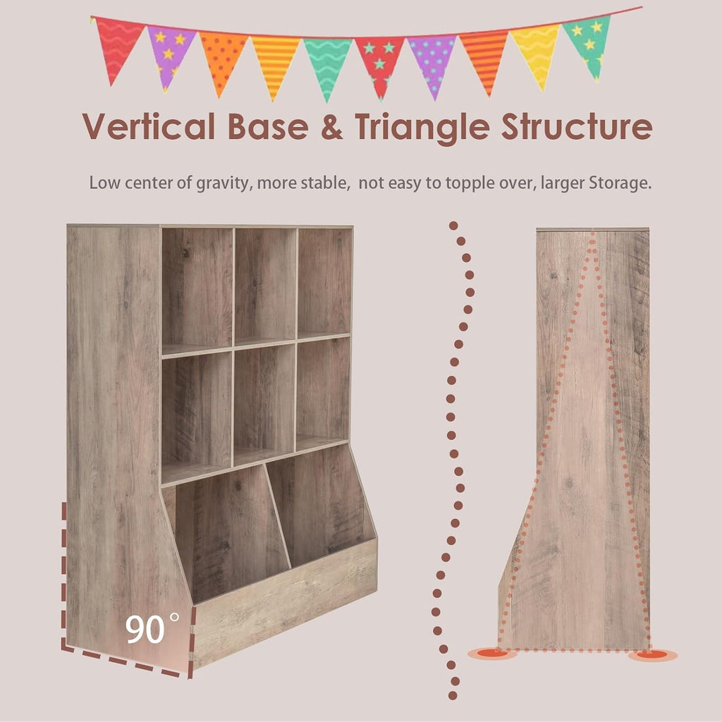 Toy Storage Organizer, Kids Cubby Cabinet with Bookshelf, 8-Cube | 3-Tier Wood Toy Book Shelf, Anti-Tip Structure