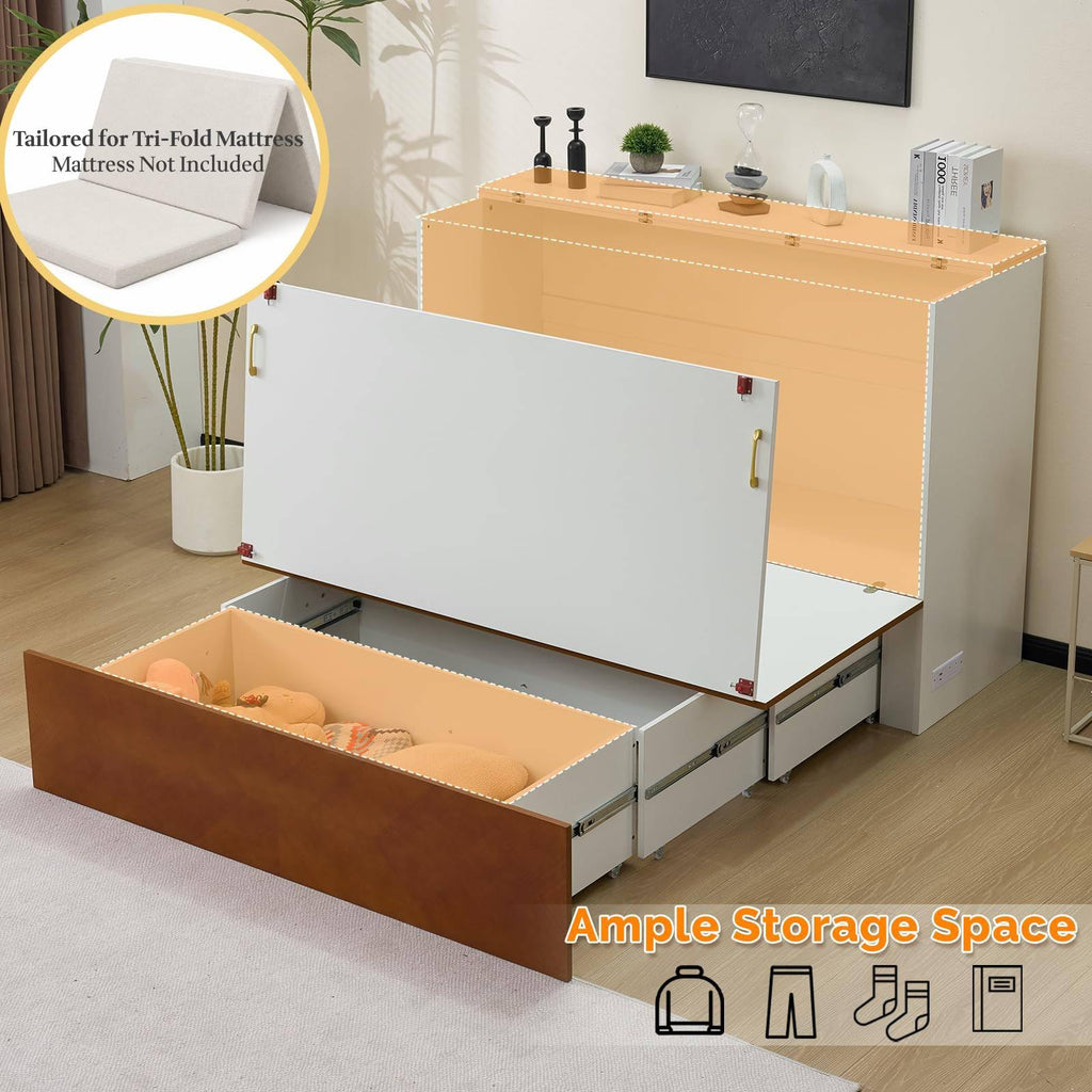 Full Murphy Bed with Storage Drawer, 2 Charging Station, Rustic & Scandinavian Style Foldable Bed Cabinet, Hideaway