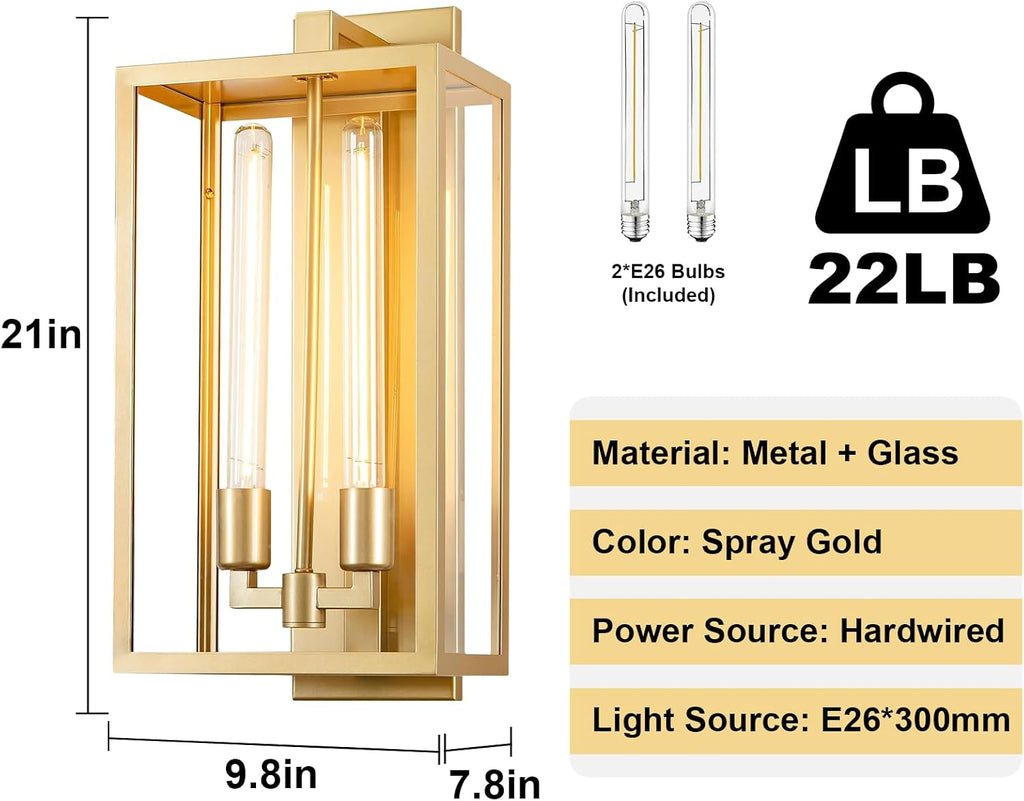 Large Outdoor Wall Sconce, 21" Gold Wall Mount Lamp, Outside Lights Front Porch Light, Waterproof Modern Porch