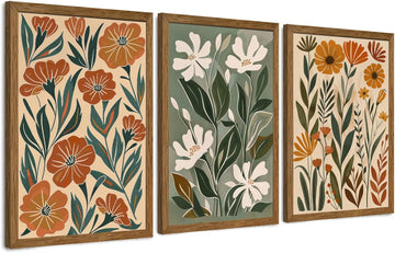 3 Piece Abstract Boho Floral Canvas Wall Art, Green Beige Flower Market Wall Decor, Minimalist Colorful Botanica