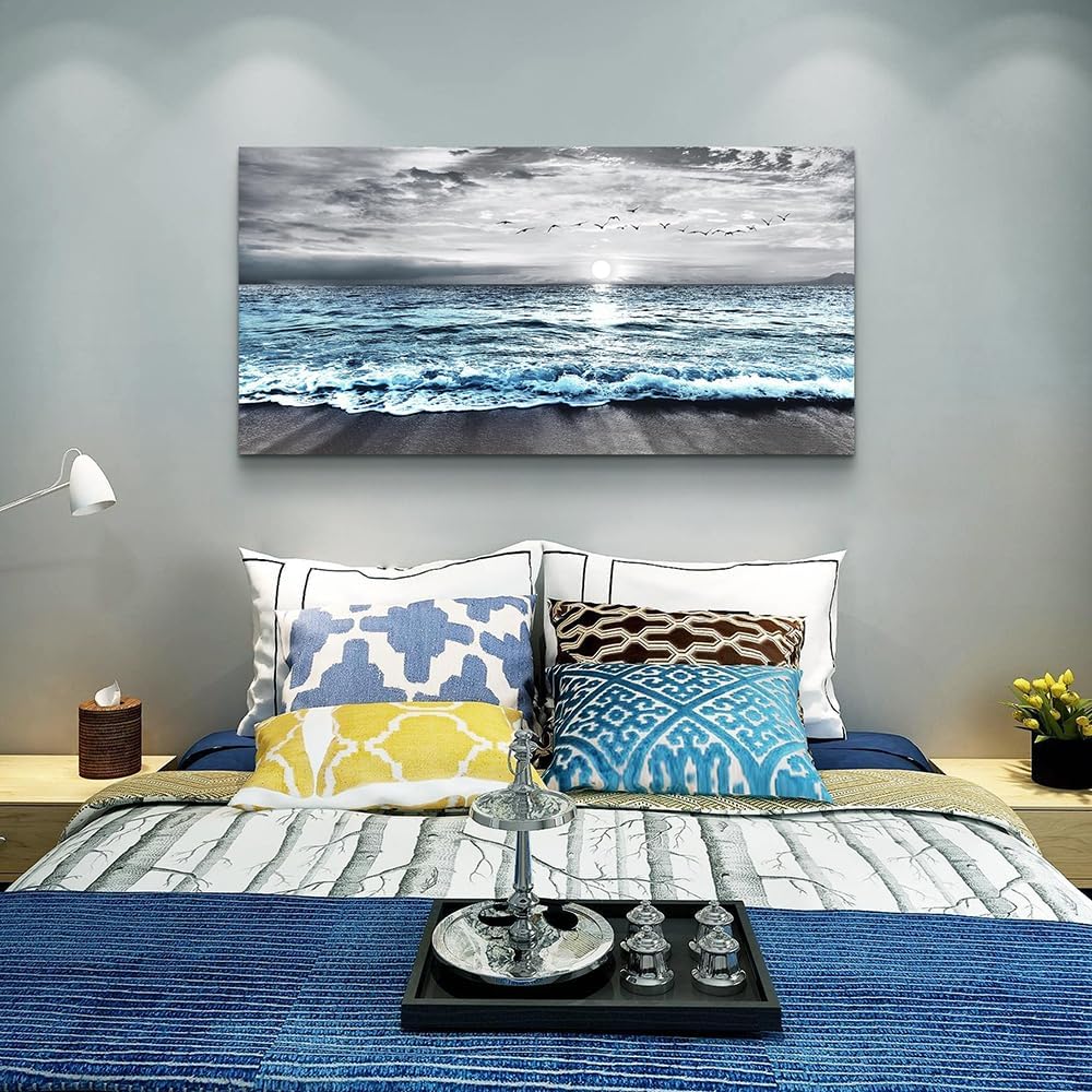 Large Canvas Wall Art Decor - Black & White Blue Sea Wave Pictures - Framed Beach Posters