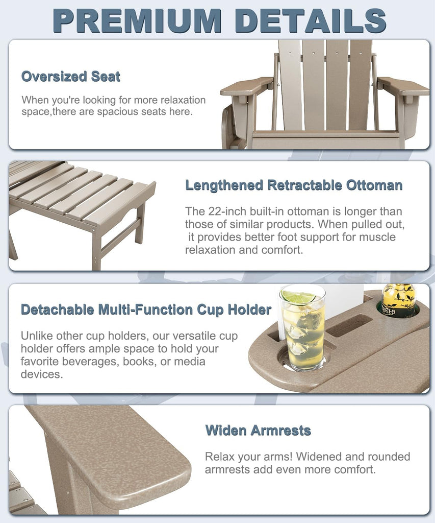 Adjustable Adirondack Chair Set of 2 with Retractable Ottoman, Brown | Folding HDPE Chair with Multifunctional Cup