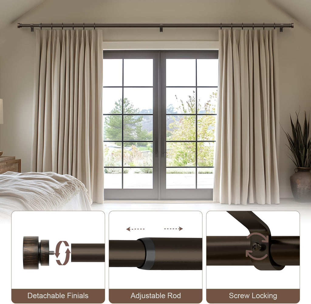 Modern Antique Brown Bronze Curtain Rods for Windows 66 to 120 Inches Adjustable Heavy Duty 1" Diameter Window Rod