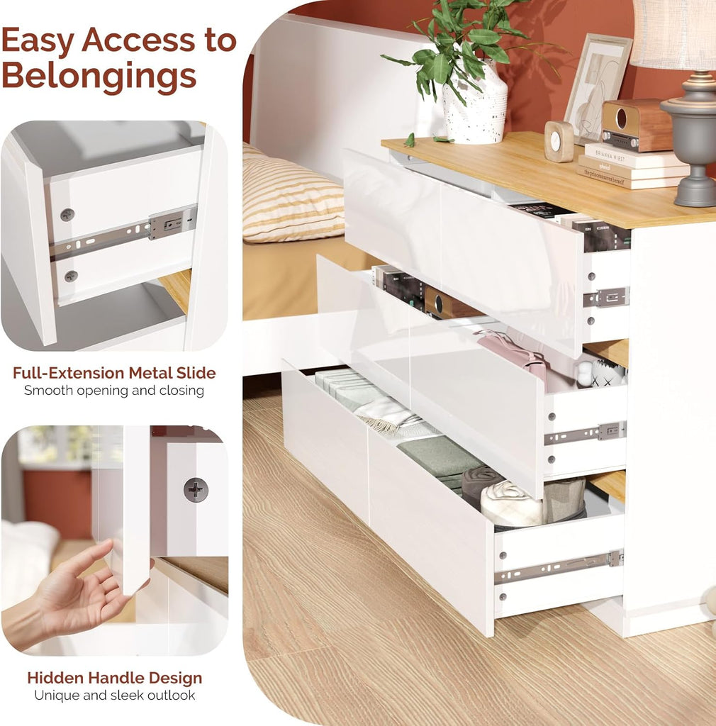 White Dresser High Gloss Chest of Drawers, 6 Drawer Dresser , Modern Dressers Wood, Brown Top, 47.2" W x 15.75" D x