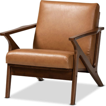 Bianca Mid-Century Modern Walnut Brown Finished Wood and Tan Faux Leather Effect Lounge Chair