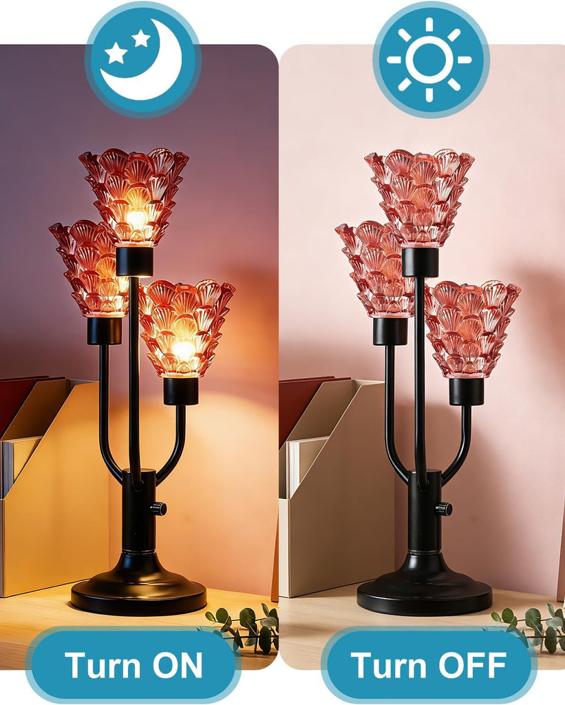 Glass Table Lamp Dimmable Mid Century Modern Black Desk Lamp with Red Glass Shades 3 Bulbs Included 3000K Warmwhite