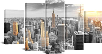 Large Size 5 Pcs New York Skyline Wall Art Canvas City in Sunrise Painting Pictures Modern Cityscape Artwork Office