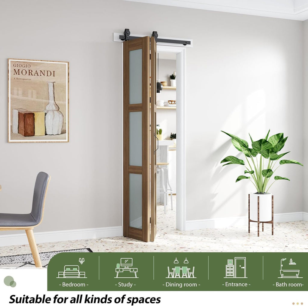 Bifold Barn Doors 30X84 (Double 15x84) with Frosted Glass and Hardware Kit Included, Brown,for Bedro