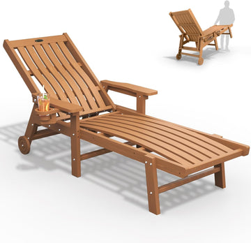 Patio Chaise Lounge Chair,HDPE Lounge Chair Outdoor with Wheels | Oversized pool lounge chairs with cup holder, 5