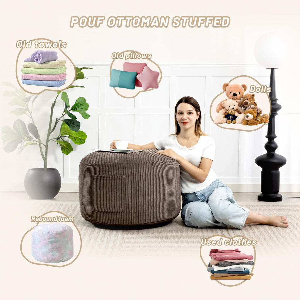 Round Stuffed Pouf Ottoman (Brown, 26" D x 26" W x 18" H)