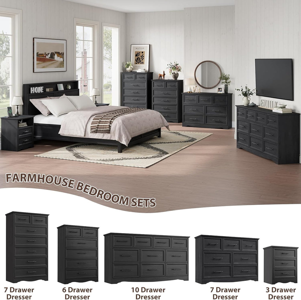 Black 7 Drawer Dresser , 52" Tall Chest of Drawers | Brushed Metal Handles, Unique Base Design, Replicated Wood Grain