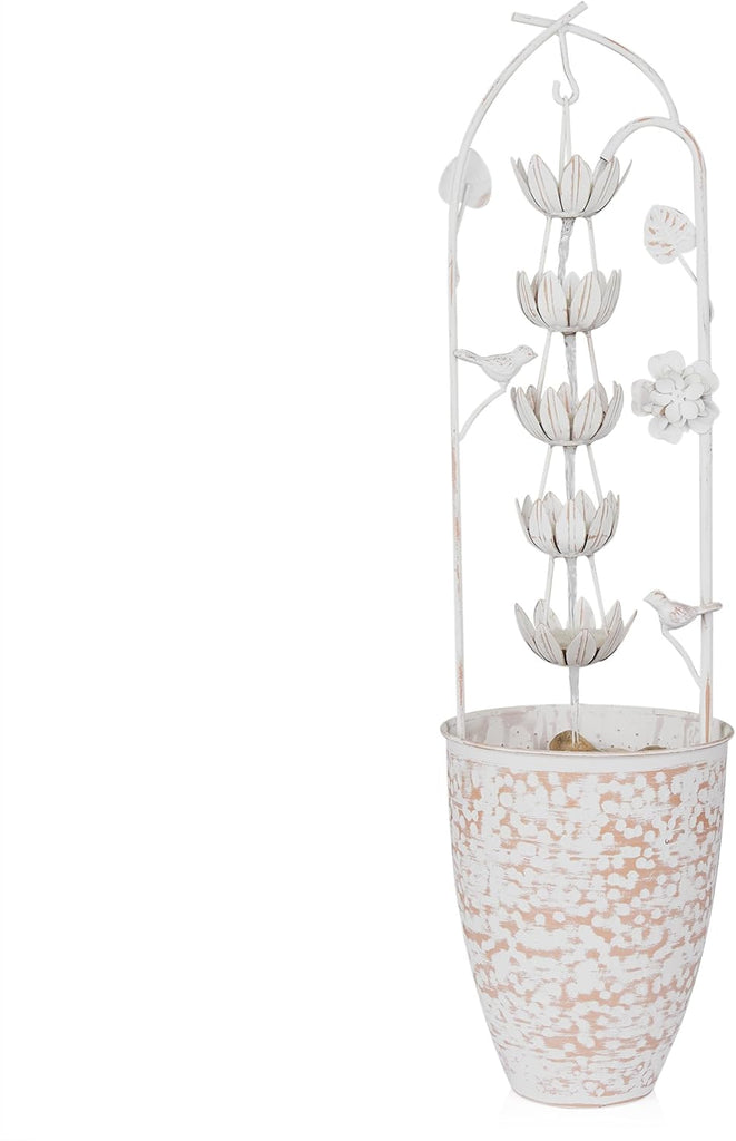 30" Tall Metal Rustic Water Fountain with Decorative Flower, Cascading Waterfall Feature for Gardens, Patios