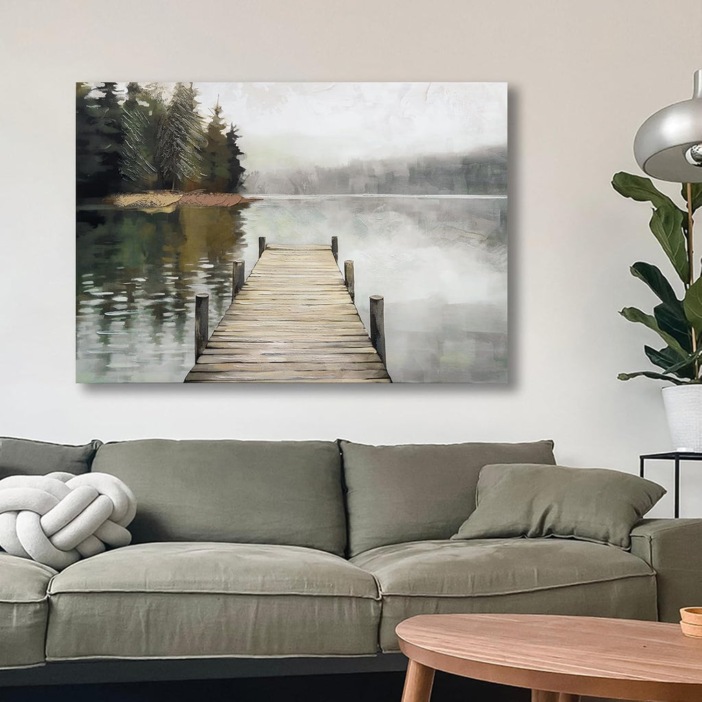 Nature Landscape Large Wall Art Canvas Picture,Horizontal Dock Forest Artwork Decor,Modern Hand Painted Textured Lake