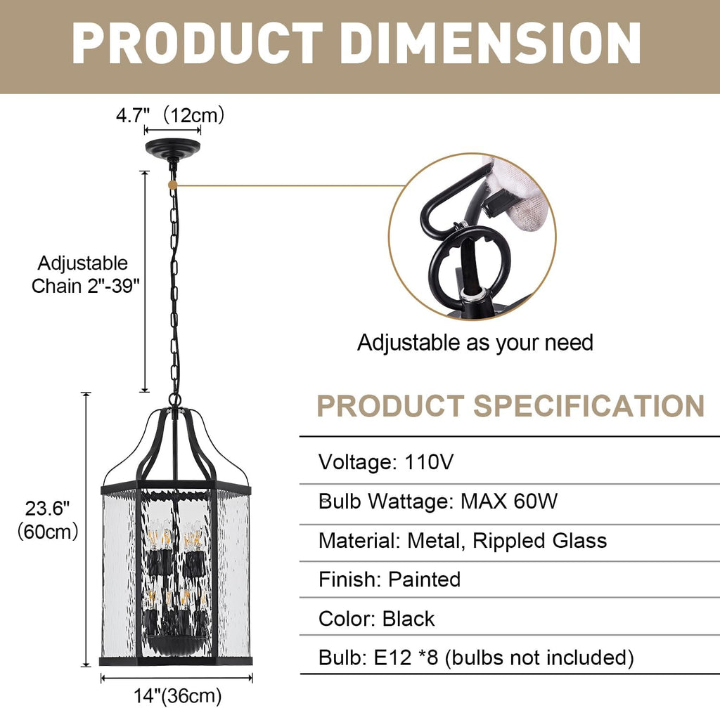 14" Modern 8-Light Exterior Black Lantern Pendant Light Fixture with Clear Rippled Glass Mini Industrial Hanging Cage