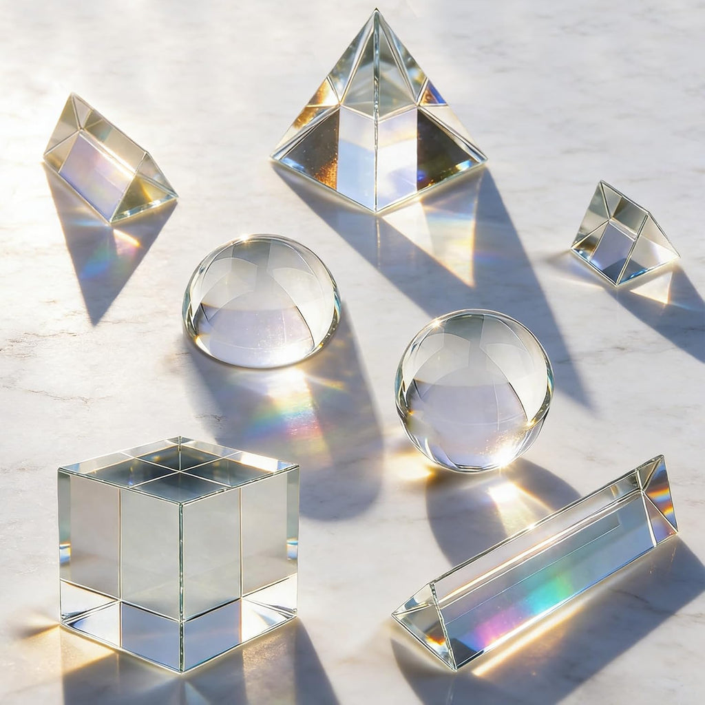 7 Pack K9 Optical Crystal Photography Prism Set, Include 1-4in Triangular Prism, 2in Crystal Glass Prism Cube