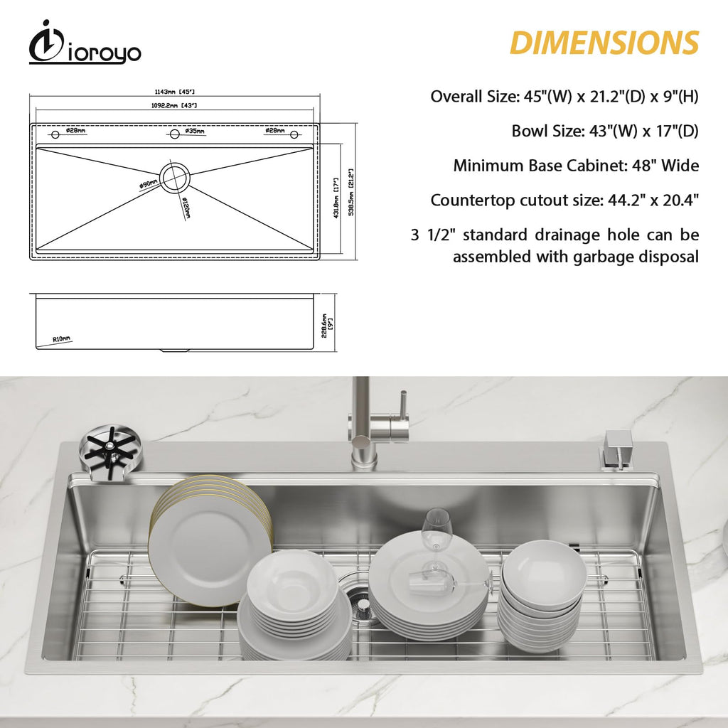 45 Inch Drop In Workstation Sink 45"x22" Topmount Kitchen Sink