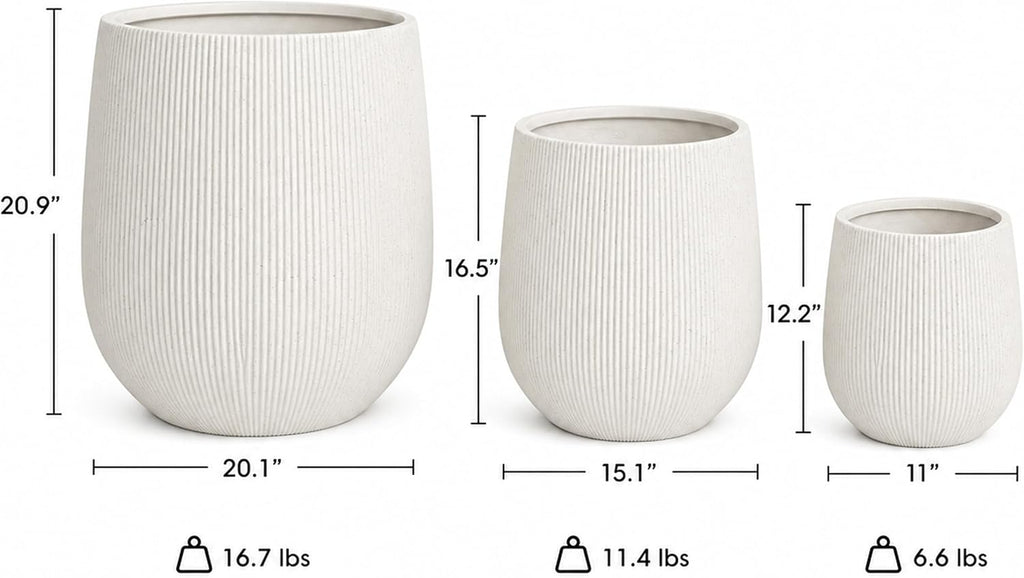 Set of 3 Fluted Round Polystone Indoor/Outdoor Planters, White, Sizes: 20.1 x 20.1 x 20.9 in., 15.1 x 15.1 x 16.5