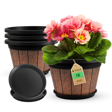 4 Pack 10 inch Plant Pots, Whiskey Barrel Planters for Indoor Outdoor