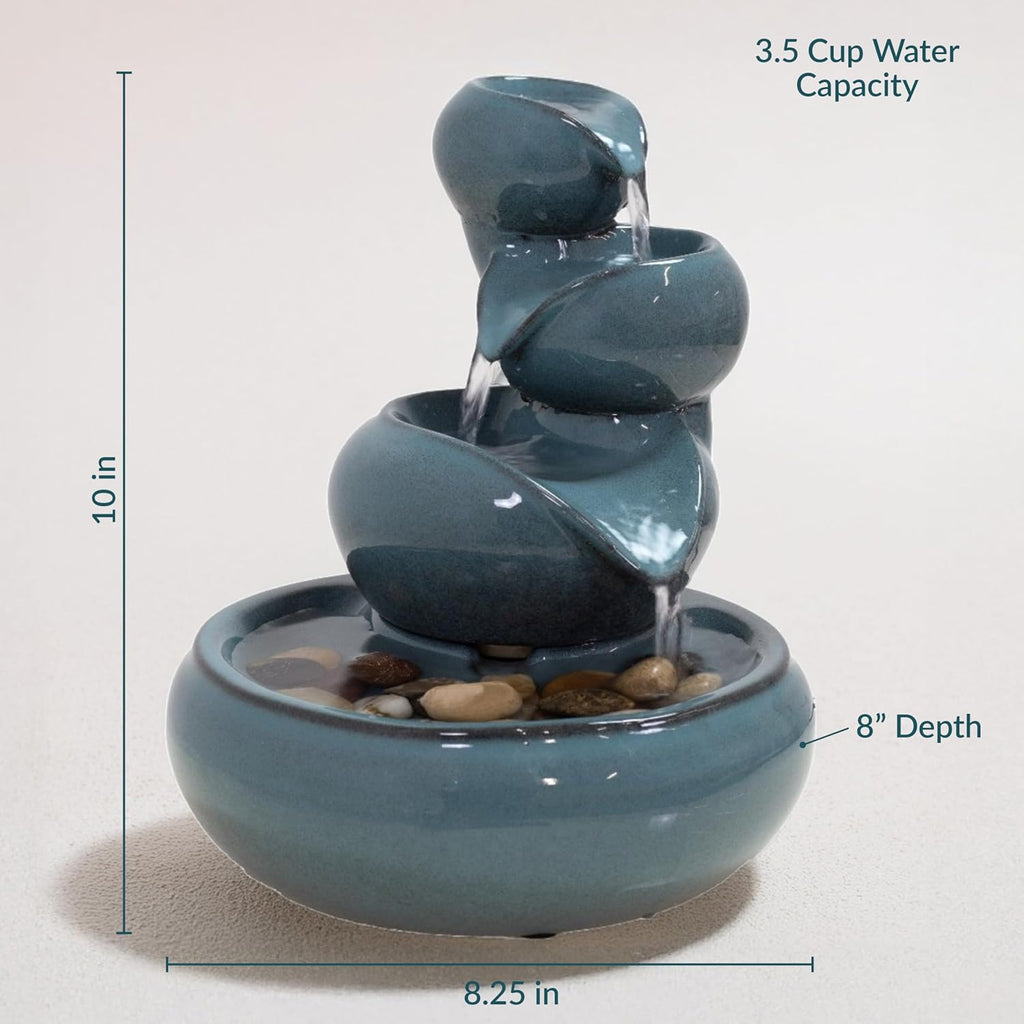 Tiered Vessels Ceramic Tabletop Water Fountain - Relaxing Indoor Fountain - Teal