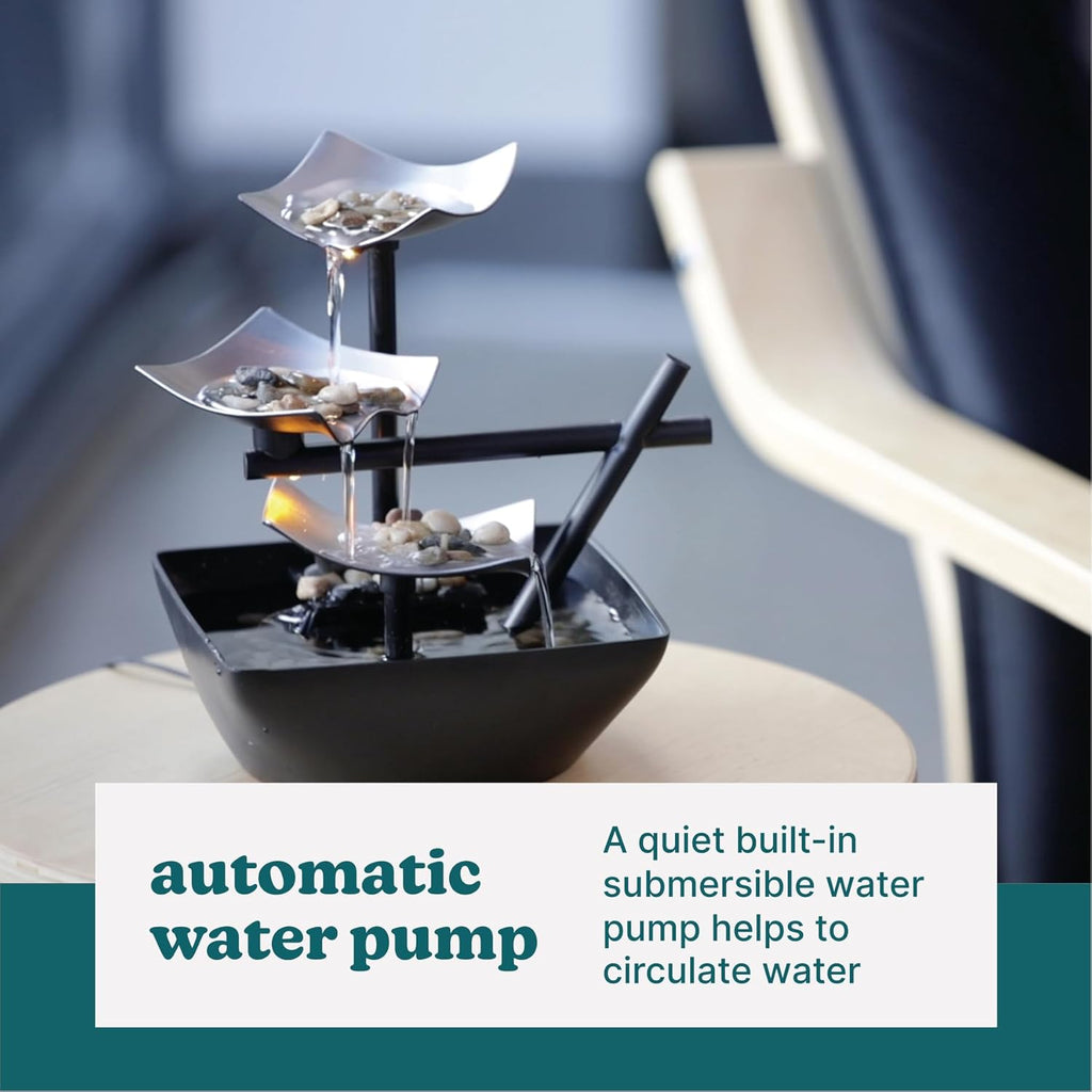 Tabletop Water Fountain, Home Décor Soothing Sound Machine - Automatic Pump, Deep Basin & Natural River Rocks. Indoor