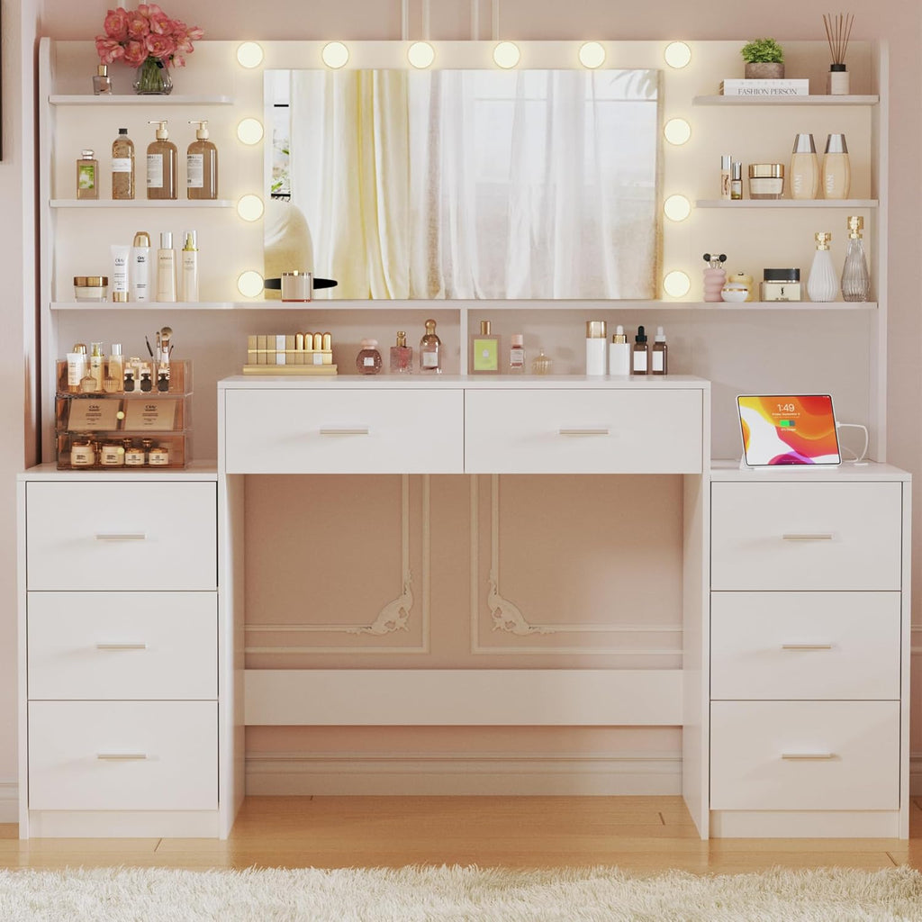 Large Vanity Desk with Mirror & Lights, White Makeup Vanity with 8 Drawers & 6 Storage Shelves, Vanity Set with LED