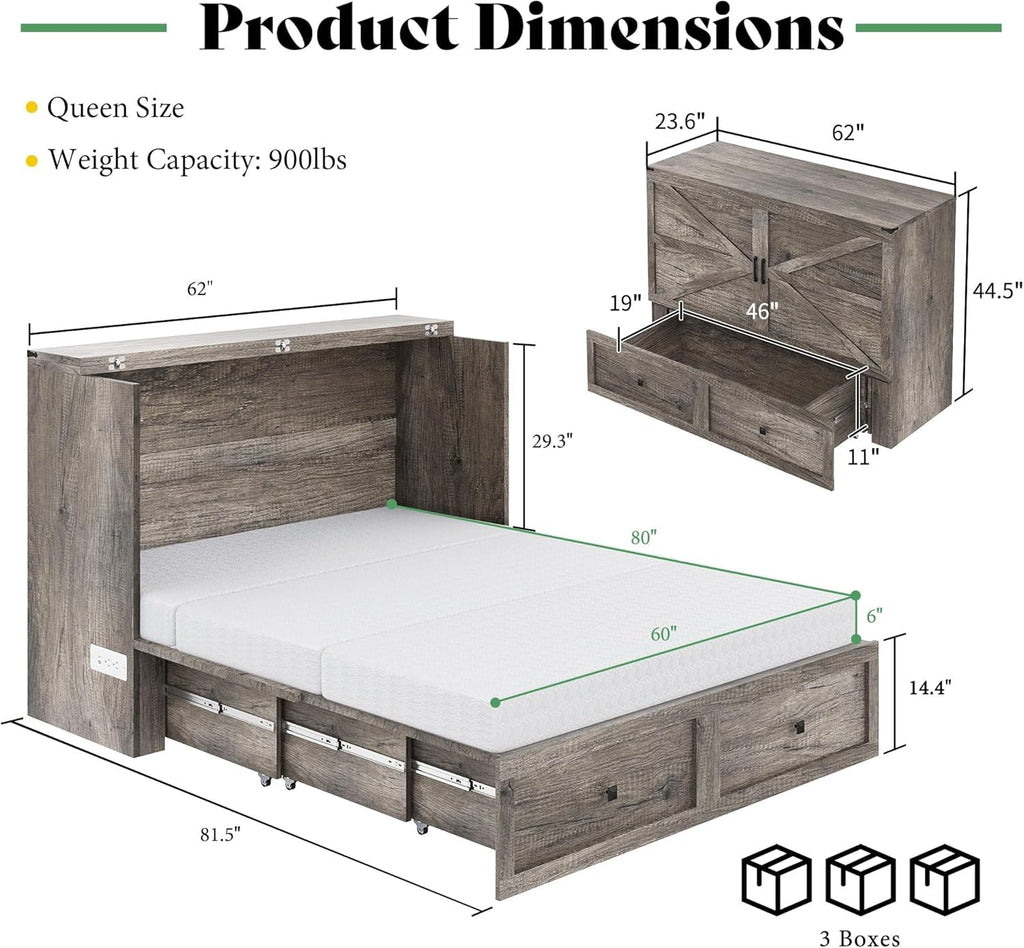 Queen Rustic Grey Murphy Bed with 6" Tri-Fold Memory Foam Mattress
