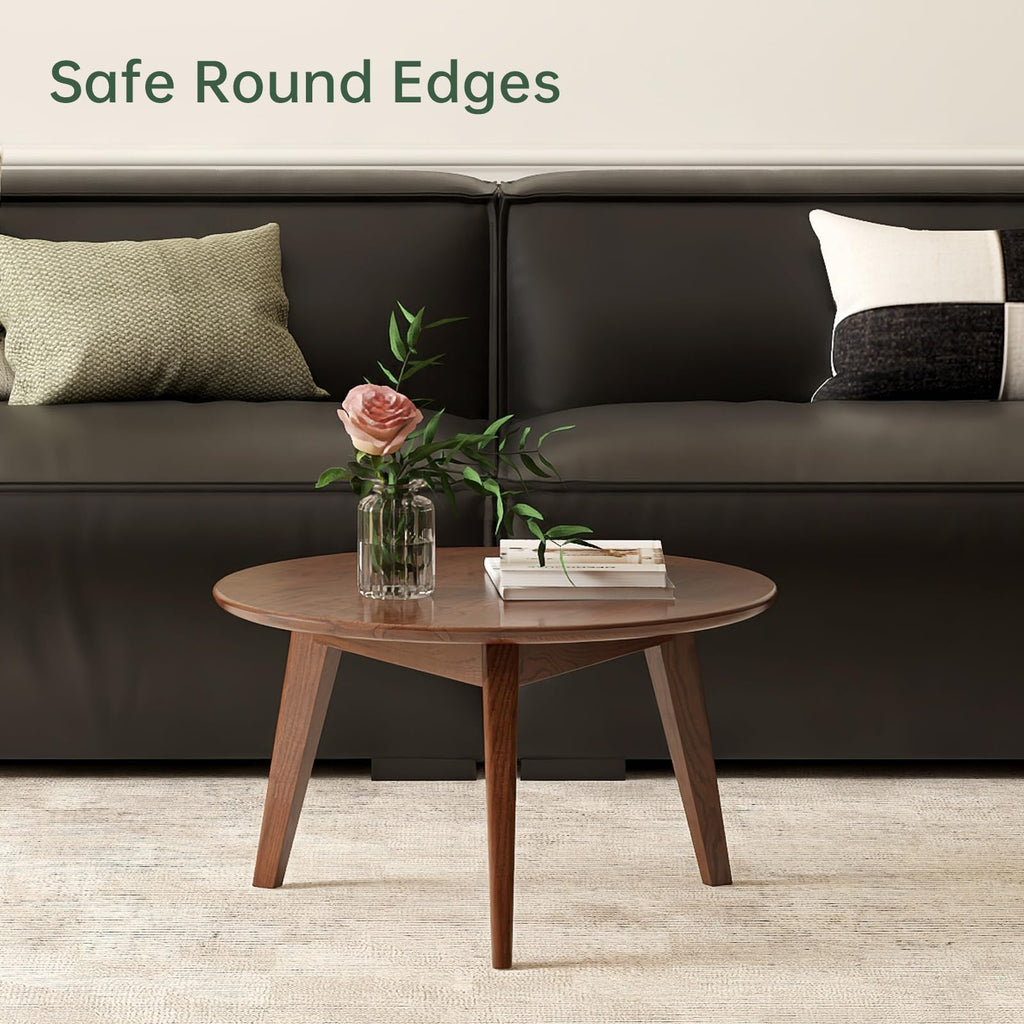100% Solid Oak Wood Mini Coffee Table, Round Cofffe Tables Side Table w/Solid Wood Legs, Walnut Mid Century Table
