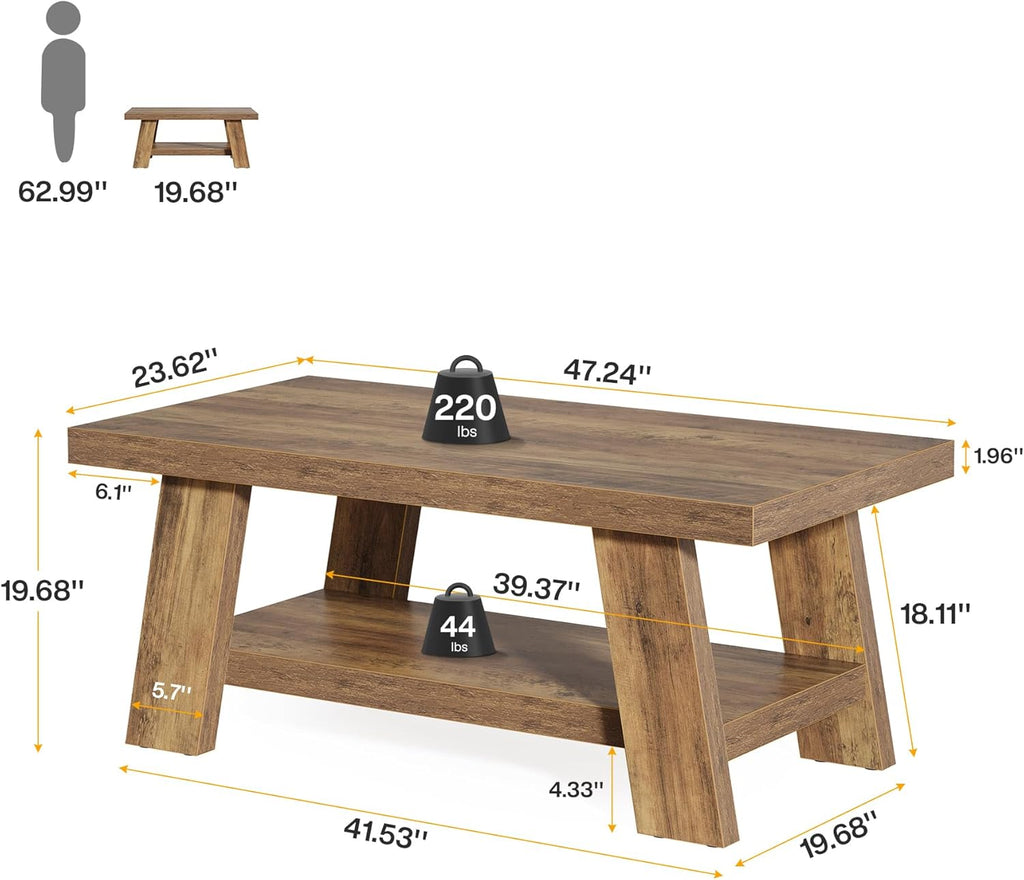 47-Inch Farmhouse Coffee Table with Storage Shelf, Rustic Wooden Center Table, 2-Tier Rectangle Coffee Table (Rustic ...