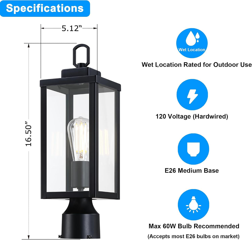 Outdoor Pole Lamp, Post Light Fixture, Anti-Rust Galvanized Housing with Tempered Glass