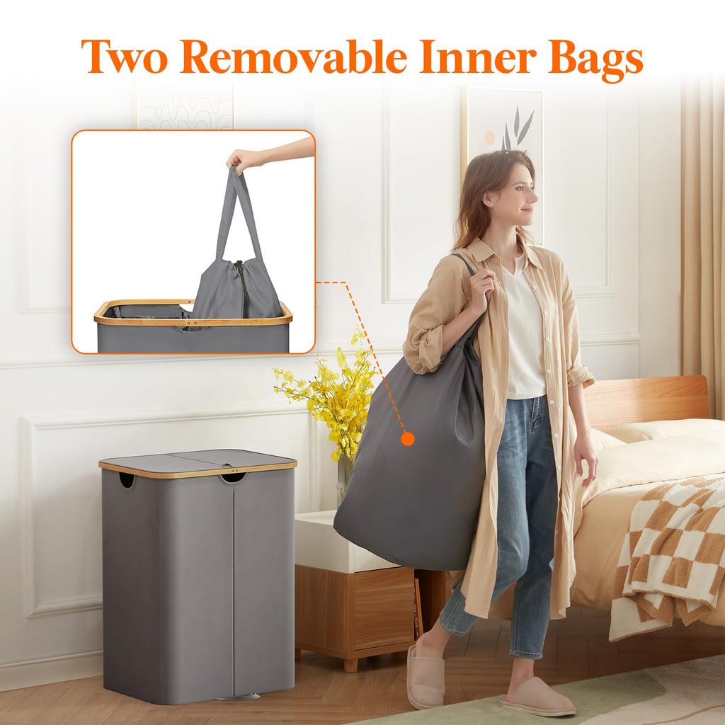 150L Double Laundry Hamper with Lid and Removable Bag, Gray
