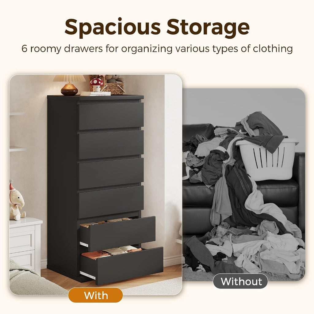Black Dresser, 6 Drawer Dresser , Wooden Chest of Drawers with Handleless Drawers, 19.7" W x 15.7" D x 47.2" H
