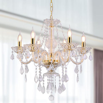 6-Light Crystal Chandelier Modern Ceiling Pendant Light Fixture for Dining Room Living Room Bedroom Entryway, Clear K9 Prisms Luxury Home Decor Lighting, LED Compatible (No Bulbs Included)