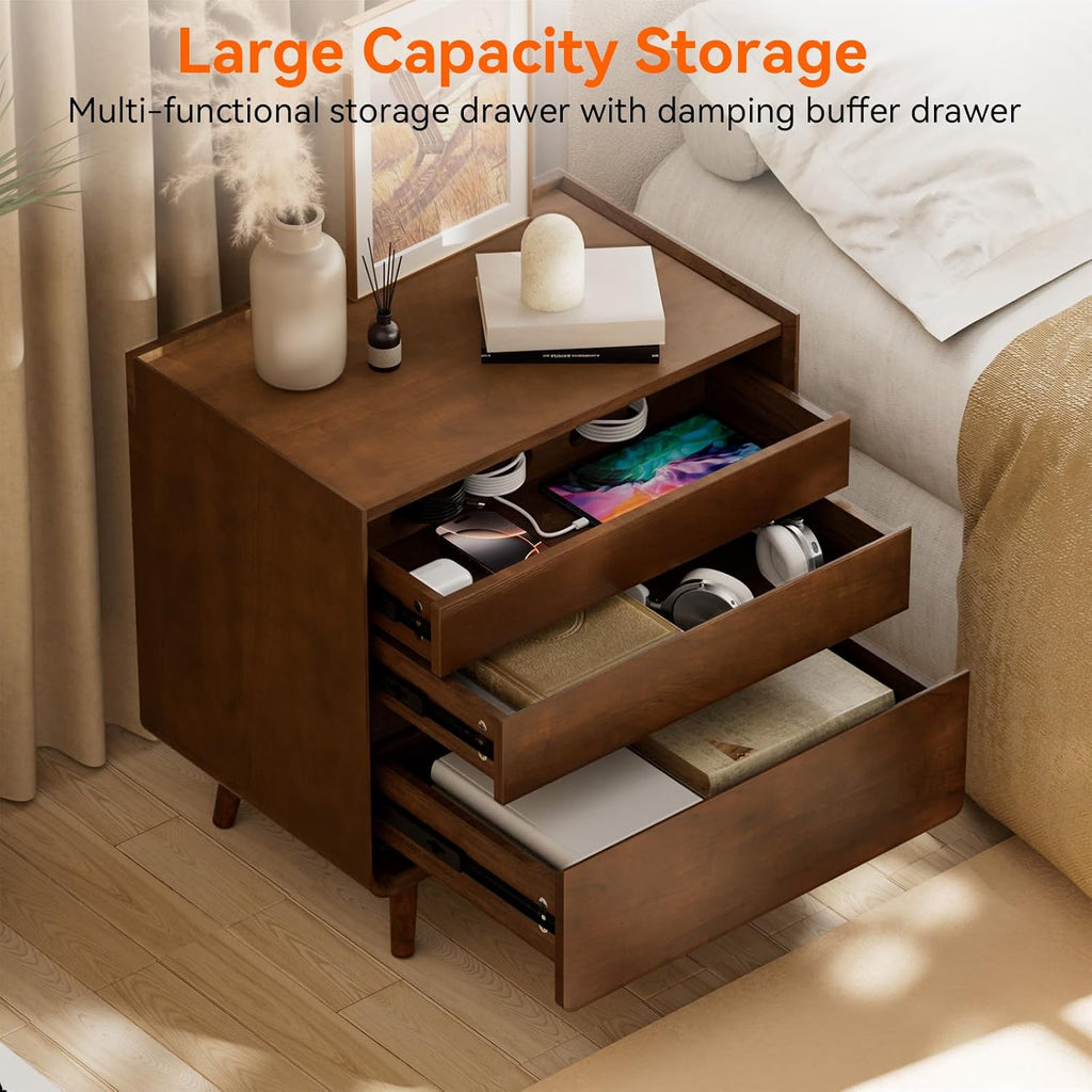 25.43" Walnut Finish Nightstand with Charging Station Mid Century Modern Night Stand with Leg Wood Bedside Table with