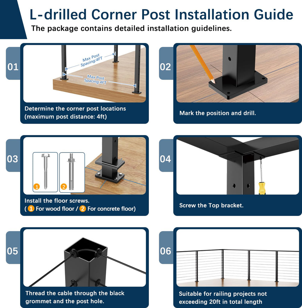 36" Cable Railing Corner Post, Fixed Top Mount 90° L-Drilled One Post Corner Solution, Stainless Steel T304