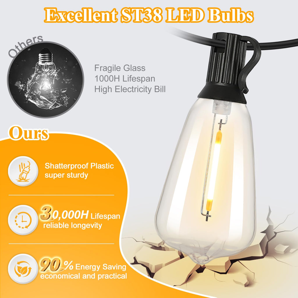 Outdoor String Lights 52 Bulbs, Waterproof Patio Lights