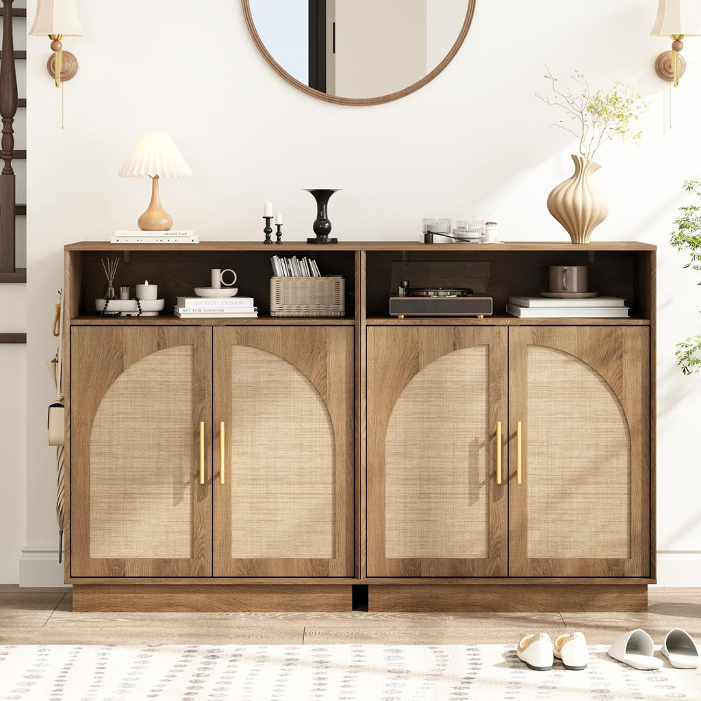 Rattan Shoe Storage Cabinet with 2 Arched Doors, 5-Tier Deep Shoe Organizer with Adjustable Shelves, Farmhouse Boho
