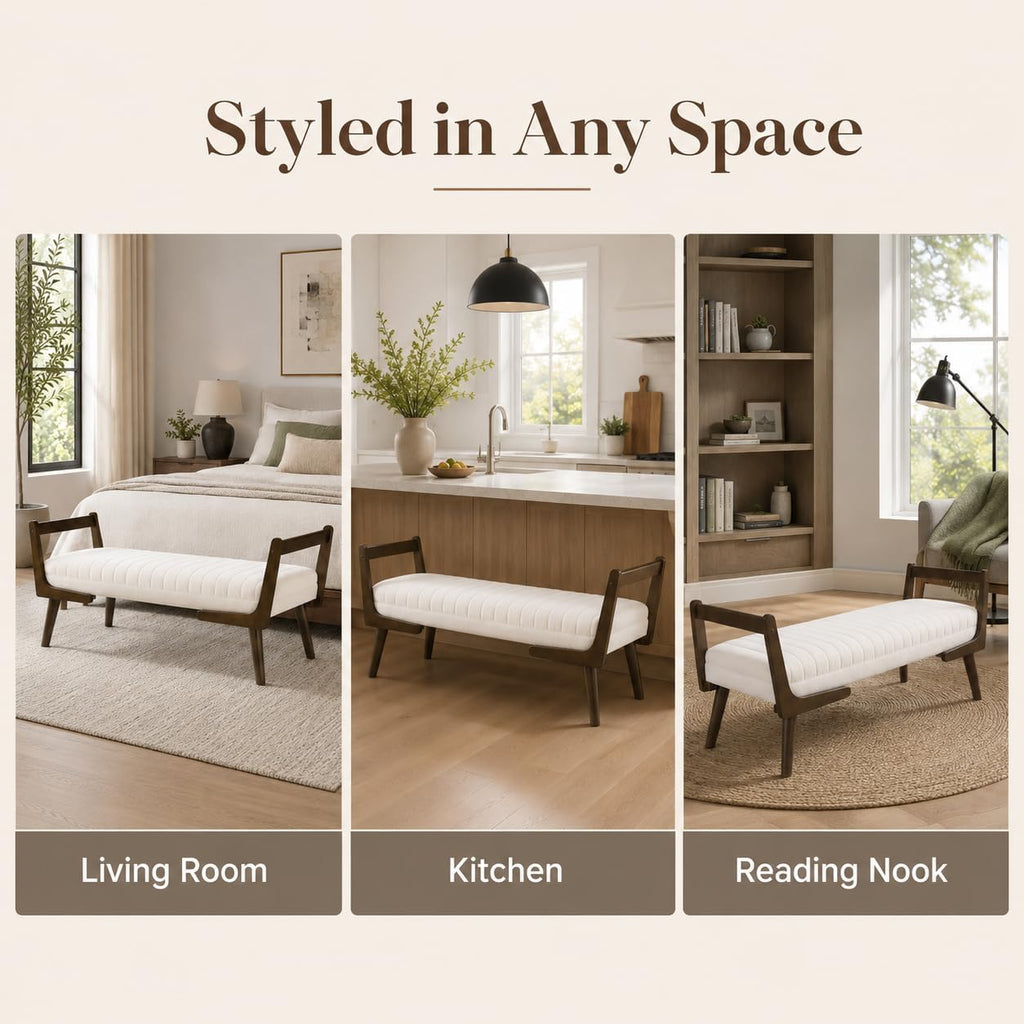 52" Upholstered Bench, Beige Chenille, Walnut Legs | Mid-century modern ottoman with high-resilience foam, sturdy