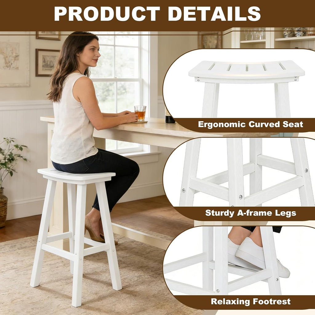 Outdoor Bar Stools Set of 4, 29 Inch All-Weather HDPE Bar Height Chairs, 500lbs Heavy Duty Patio Stools with Saddle