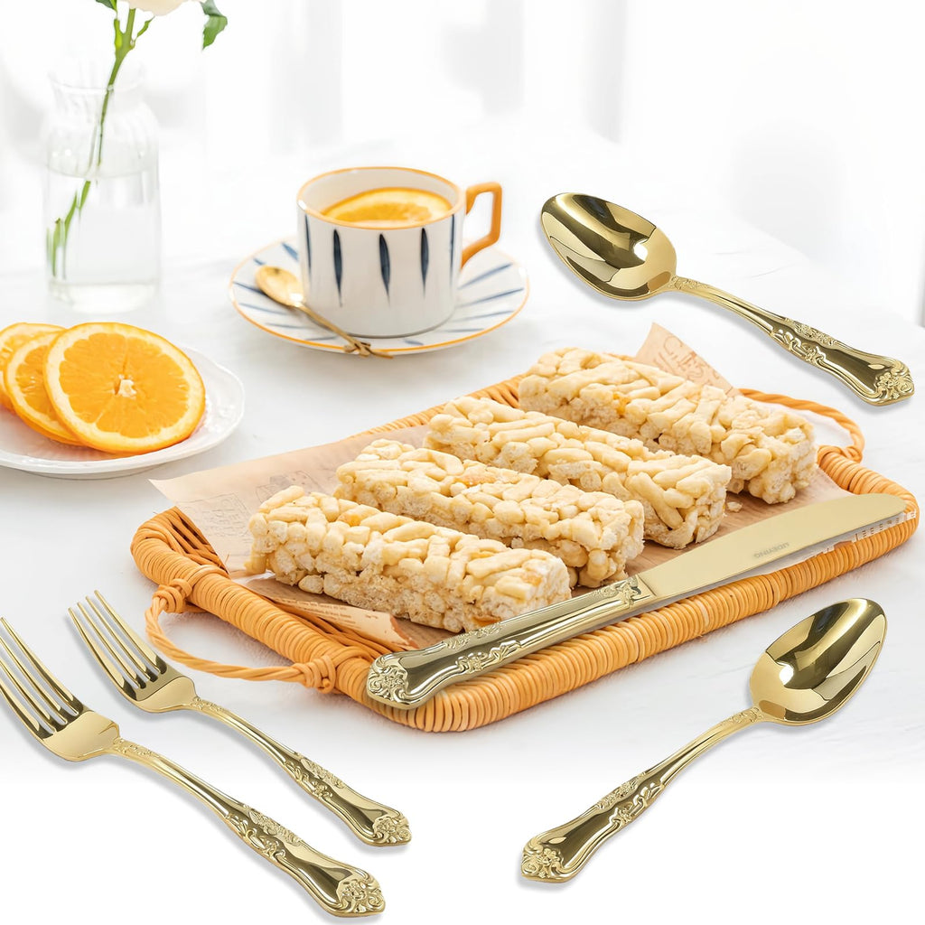 Silverware Set,Stainless Steel Flatware Cutlery Set with Floral Handles,Included Knife Spoon and Fork, Mirror