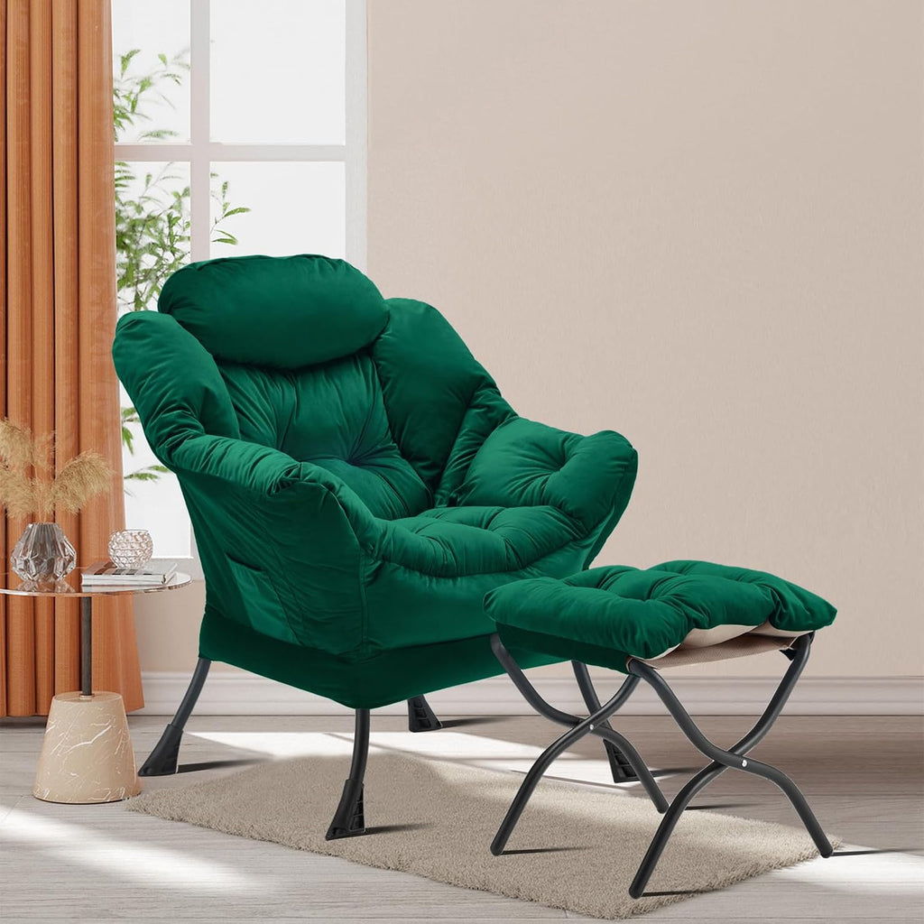 Lazy Chair with Folding Ottoman, Accent Chair Velvet Upholstered with Metal Structure and Non-Slip Pads, Sofa