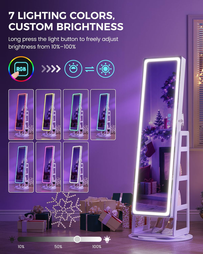 RGB Jewelry Cabinet with Full Length Mirror, 360° Rotating Lockable, 12-Zone Velvet Floor Standing Jewelry