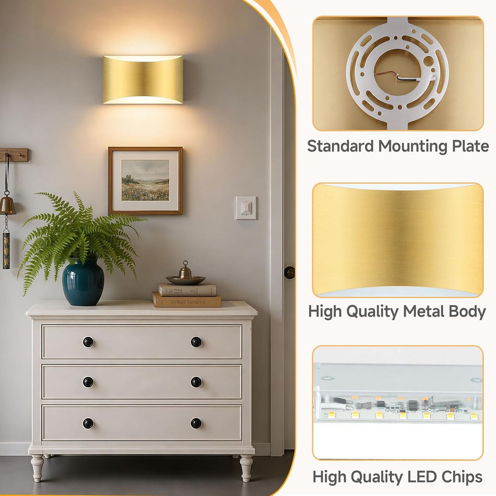 Modern LED Wall Sconce Set of 2, Gold Indoor Wall Lighting Fixture with 3 Colors Temperatures, 10W Up/Down Hardwired