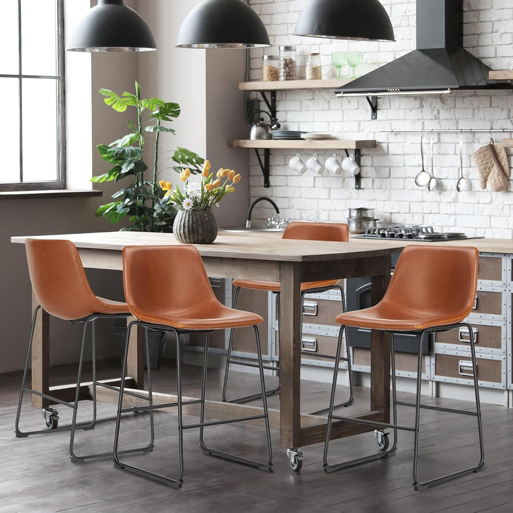 26 Inch Counter Height Bar Stools Set of 4, Modern Faux Leather High Barstools with Back and Metal Leg, Upholstered