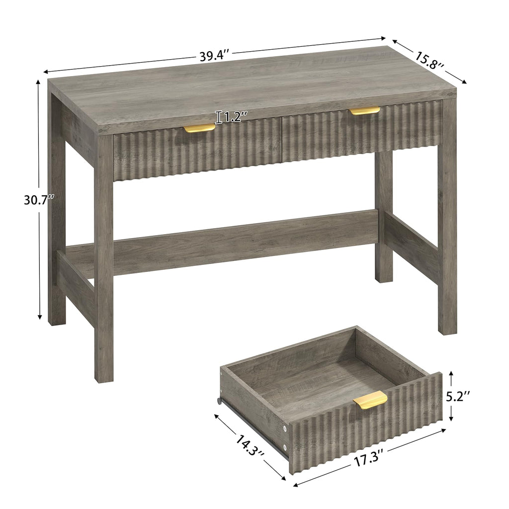 39 Inch Small Fluted Computer Desk with 2 Drawers