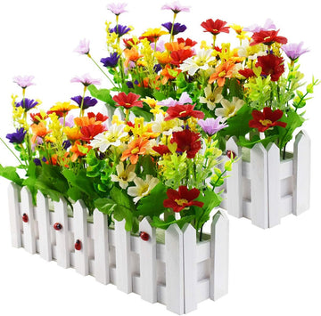 Artificial Flower Plants - Mixed Color Daisies in Picket Fence Pot for Indoor Office Wedding Home Decor, 2 Sets