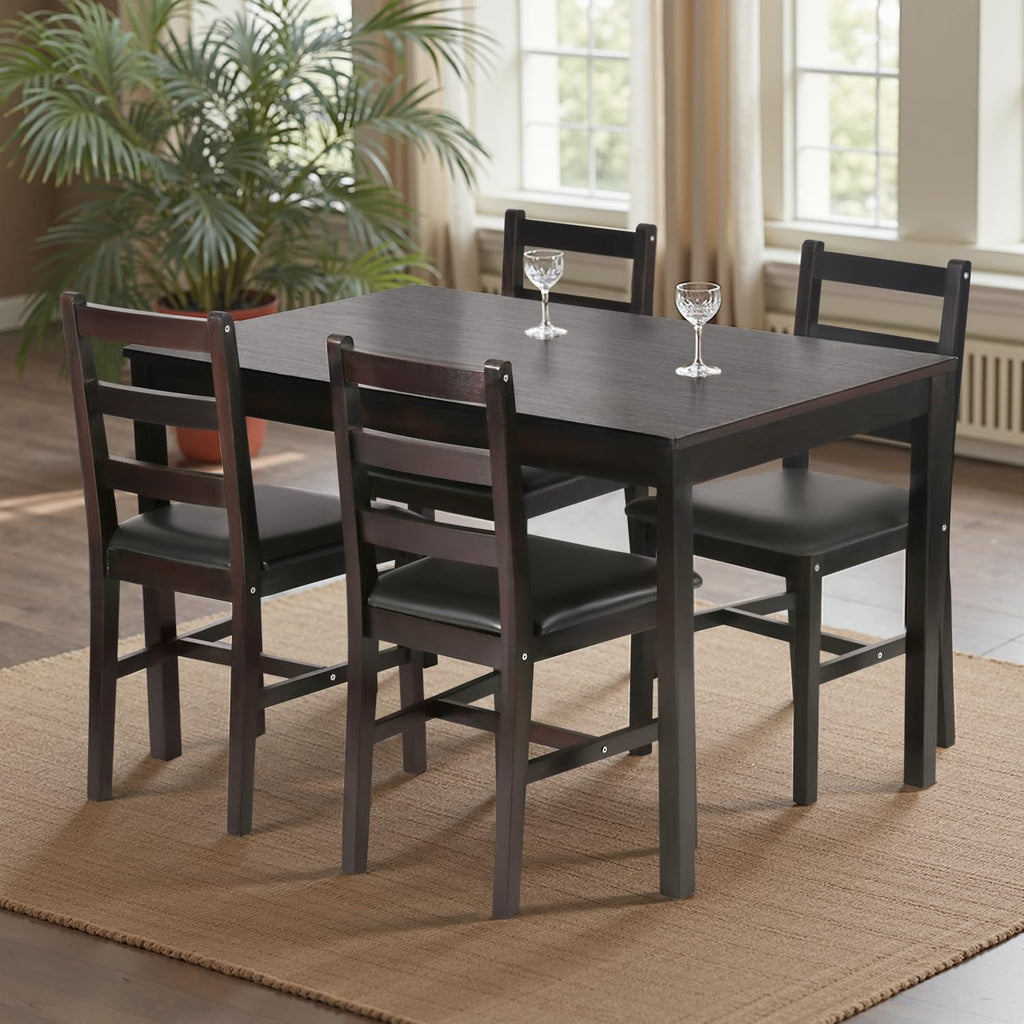 5-Piece Solid Wood Dining Table Set for 4 | Brown | Space-Saving Design | Smooth Easy-to-Clean Surface | Pine Kitchen