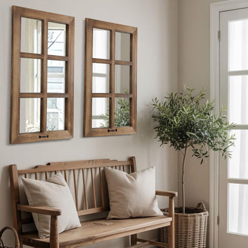 2 Pack 24x40 Mirrors for Wall Decor, Farmhouse Distressed Wood Windowpane Mirror, Rustic Home Wall Decor Accents