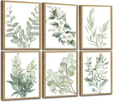 Framed Eucalyptus Sage Green Botanical Plant Wall Art Canvas Decor Set of 6, Leaves Prints Posters, Flower Wall Art
