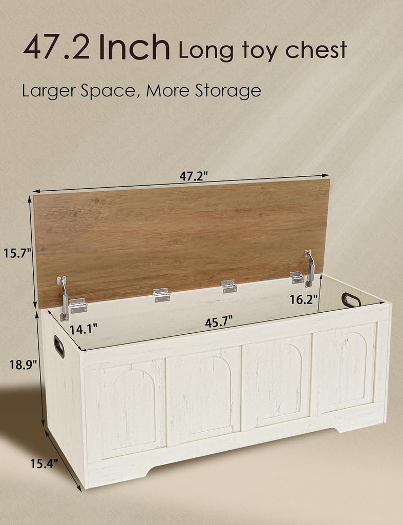 Storage Chest, Wooden Toy Box with Lid, 2 Soft-Close Hinges 47.2" | Farmhouse Storage Bench, Finger-safe Flip-Top