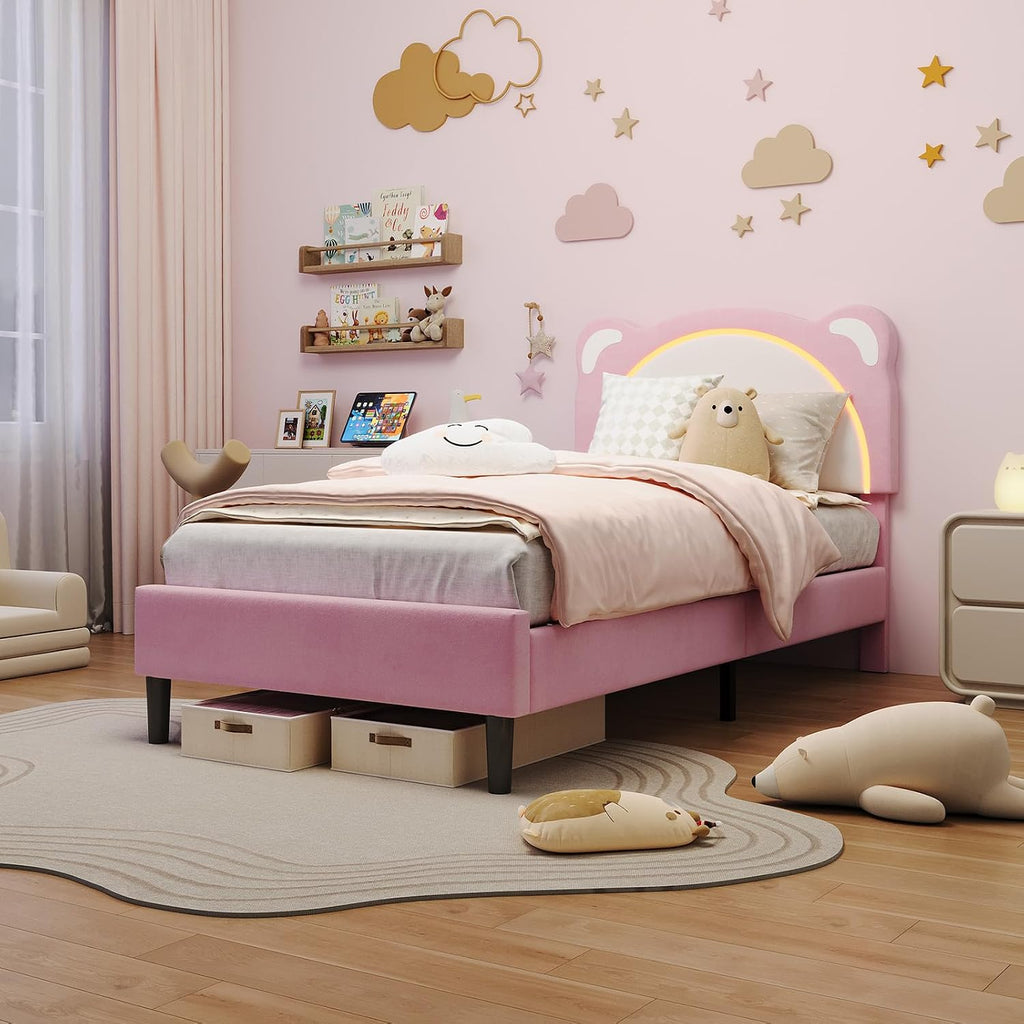 Pink Bed Frame Twin XL Size with LED Lights & Adjustable Headboard | Cute Bear Ear Kids Bed Frames, Velvet